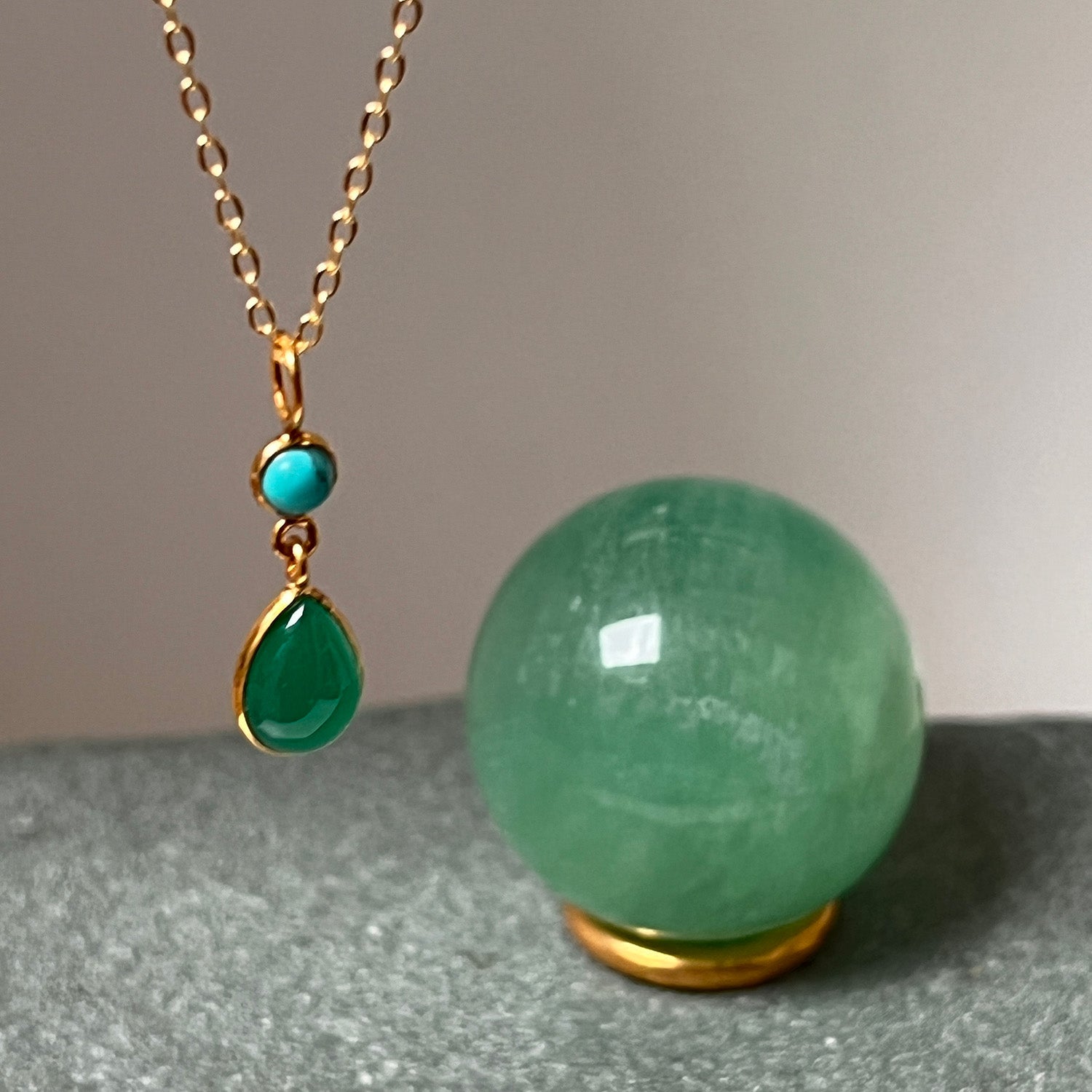 Emilia Green Onyx And Turquoise Pendant On Short Satellite Chain