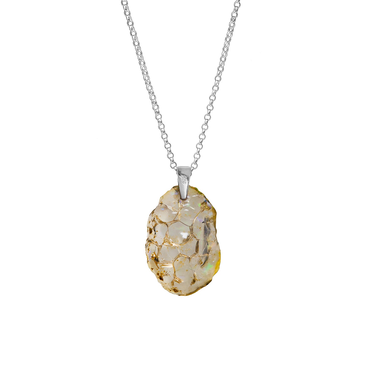 Necklace with a textured unique Ethiopian fire opal pendant on a white background