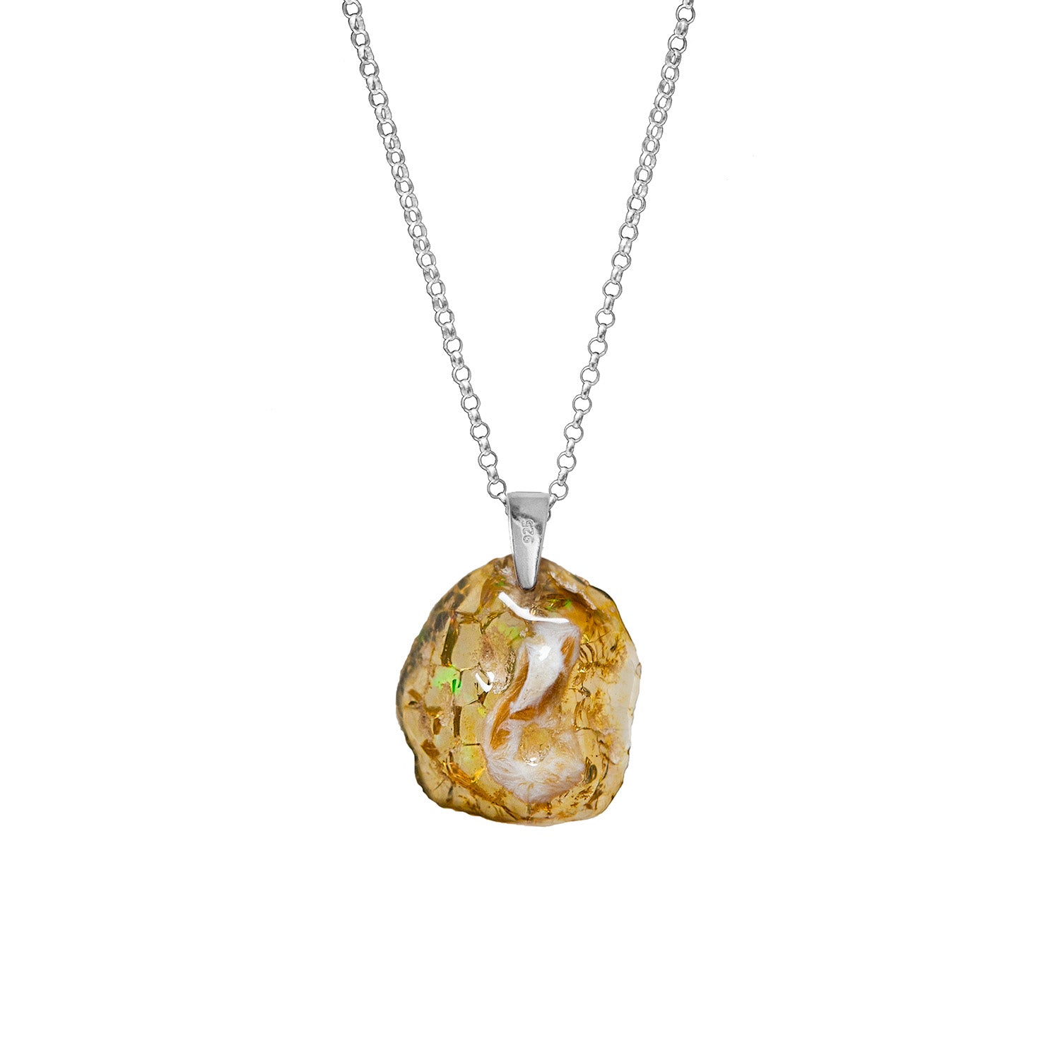 Ethipoian opal pendant necklace on a white background