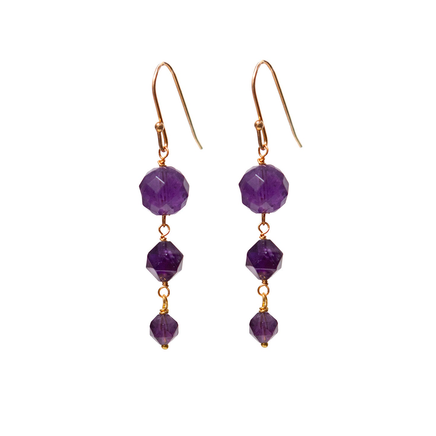 Purple amethyst beaded earrings with gold hooks on a white background
