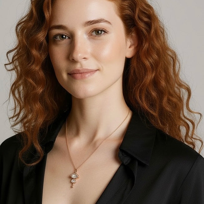 Woman wearing a black shirt and a necklace with a pendant against a neutral background