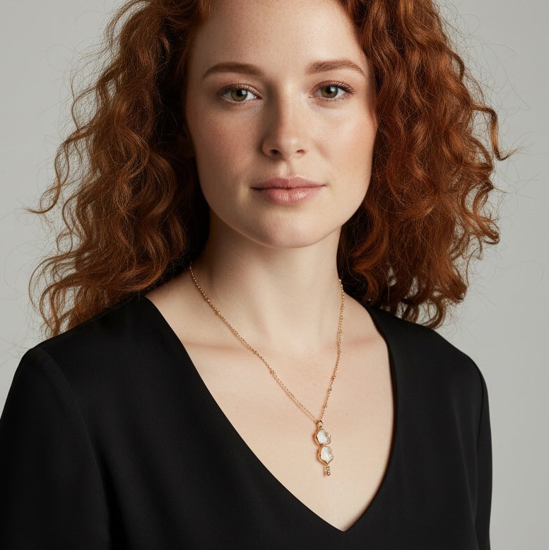 Woman wearing a black top and gold necklace with a pendant against a neutral background