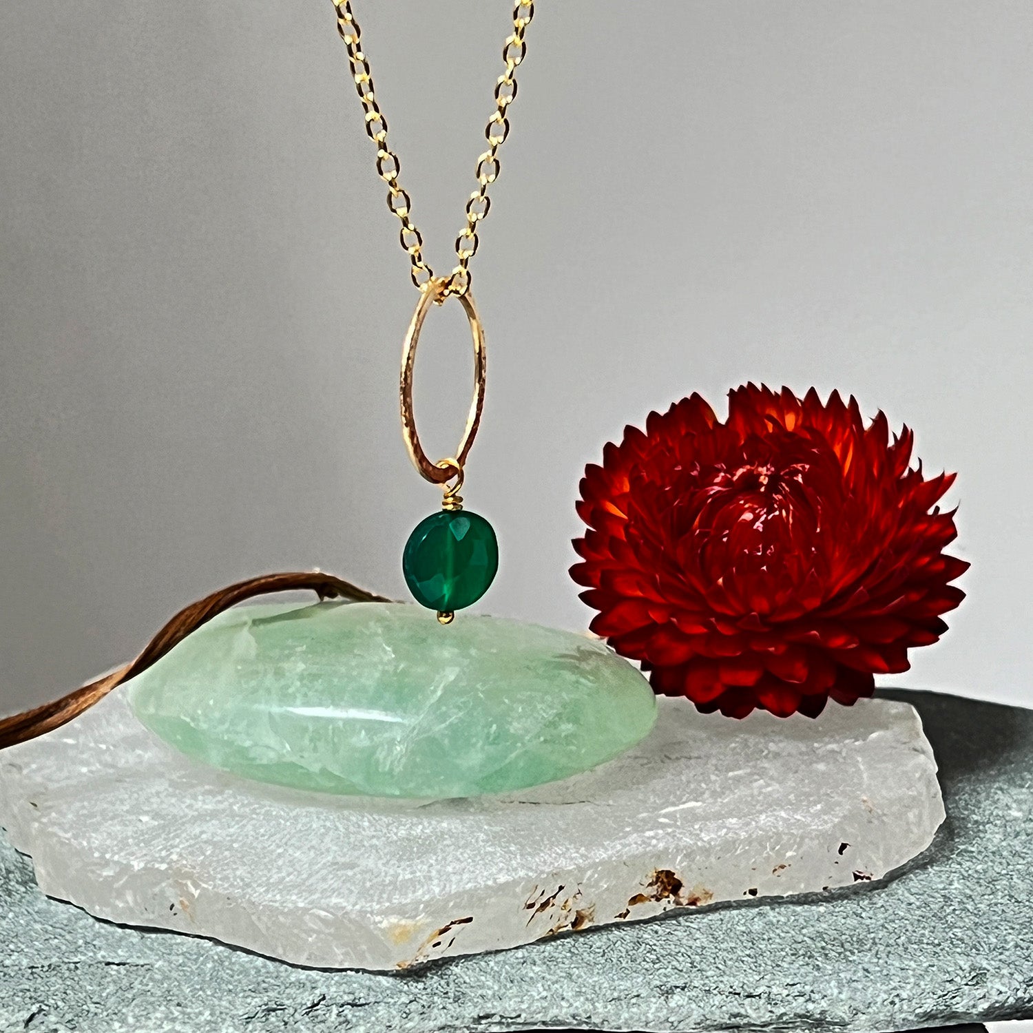 Margaret Pendant Green Onyx On Long Simple Chain