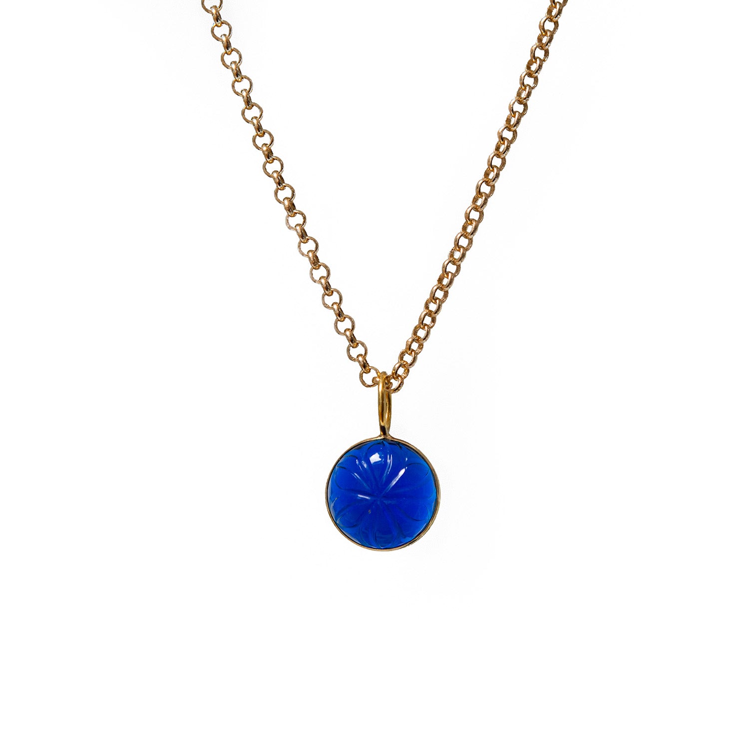 Carved Blue Glass Flower Pendant On Long Baby Belcher