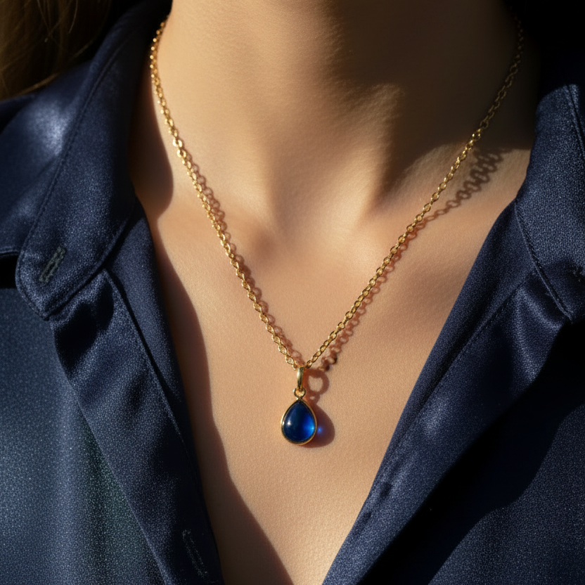 Blue Glass Teardrop Pendant On Short Baby Belcher