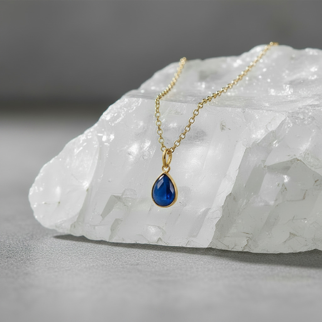 Blue Glass Teardrop Pendant On Short Baby Belcher