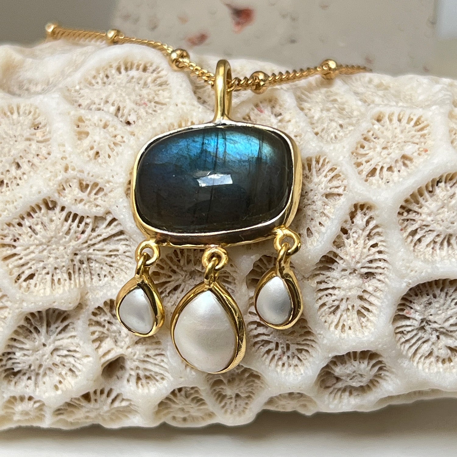 Rosa Labradorite And Pearl Pendant On Long Biba Chain