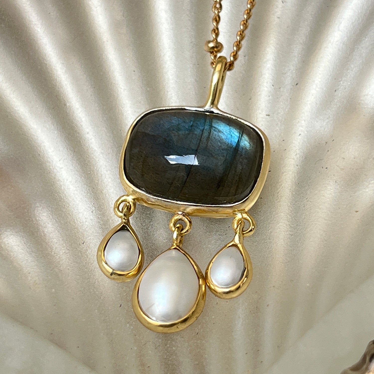 Rosa Labradorite And Pearl Pendant On Long Biba Chain