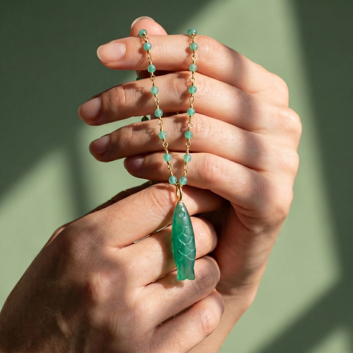 Hand Carved Green Onyx Fish Pendant On Rosary Or Satellite Chain