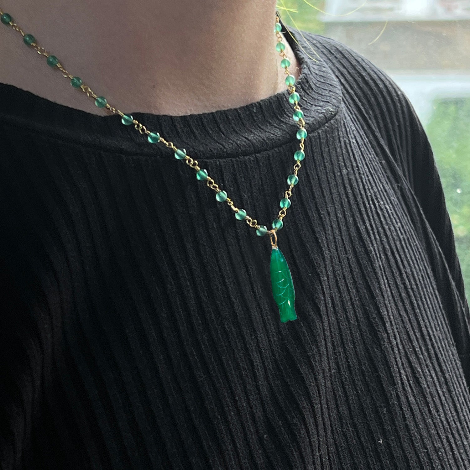 Hand Carved Green Onyx Fish Pendant On Rosary Or Satellite Chain