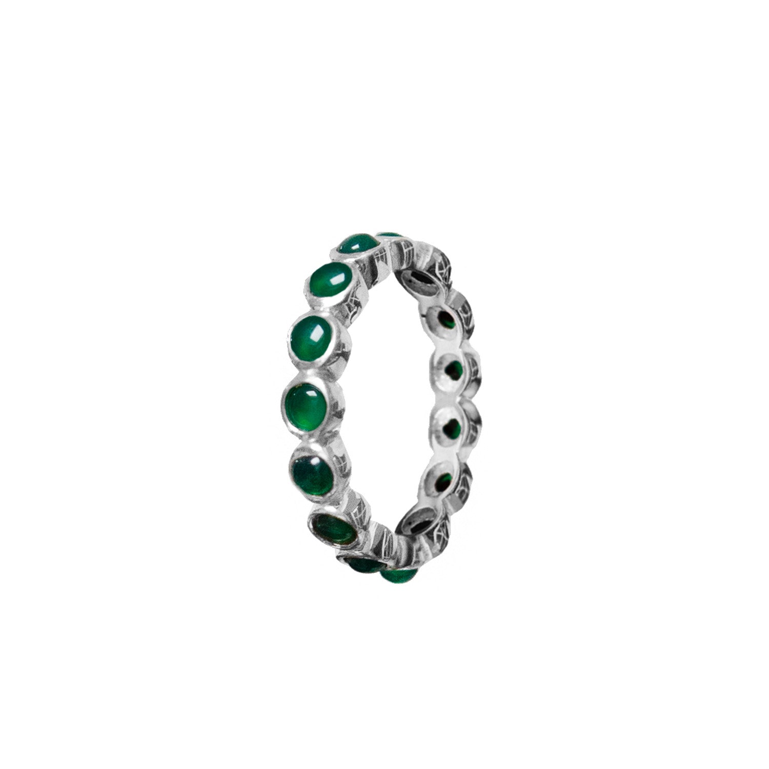 Silver ring with green onyx gemstones on a white background