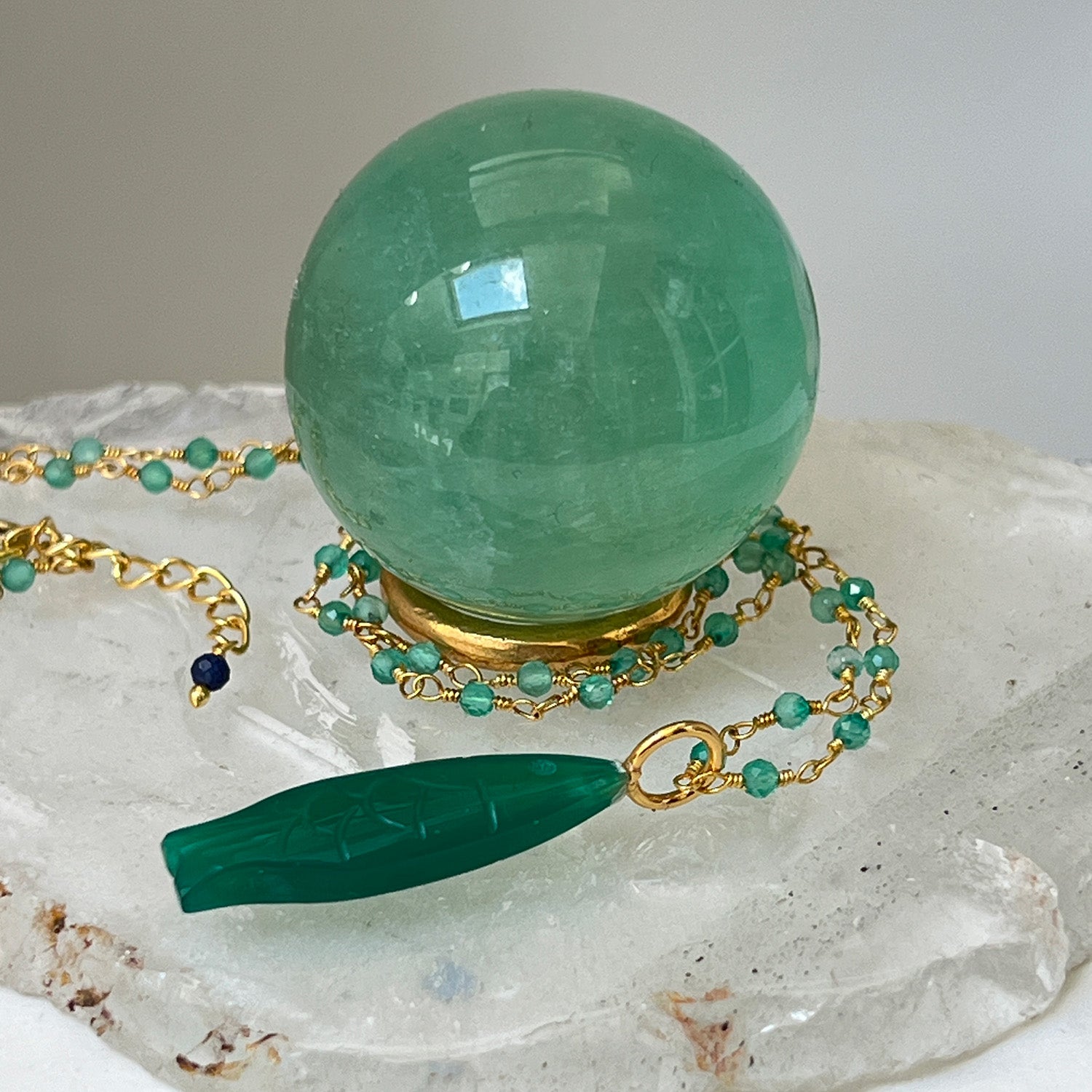 Hand Carved Green Onyx Fish Pendant On Rosary Or Satellite Chain