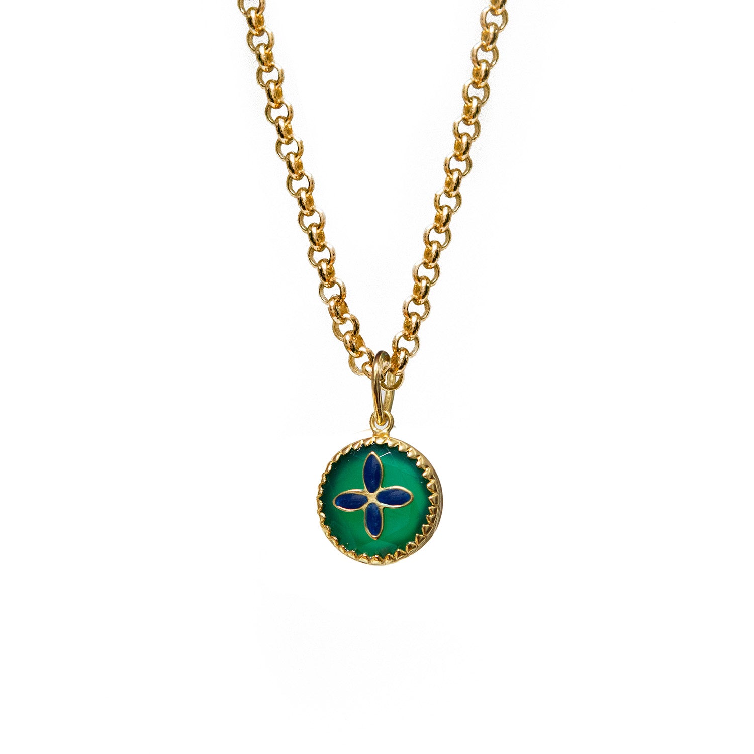 Green Onyx Pendant With Lapis Cross On Short Baby Belcher Chain