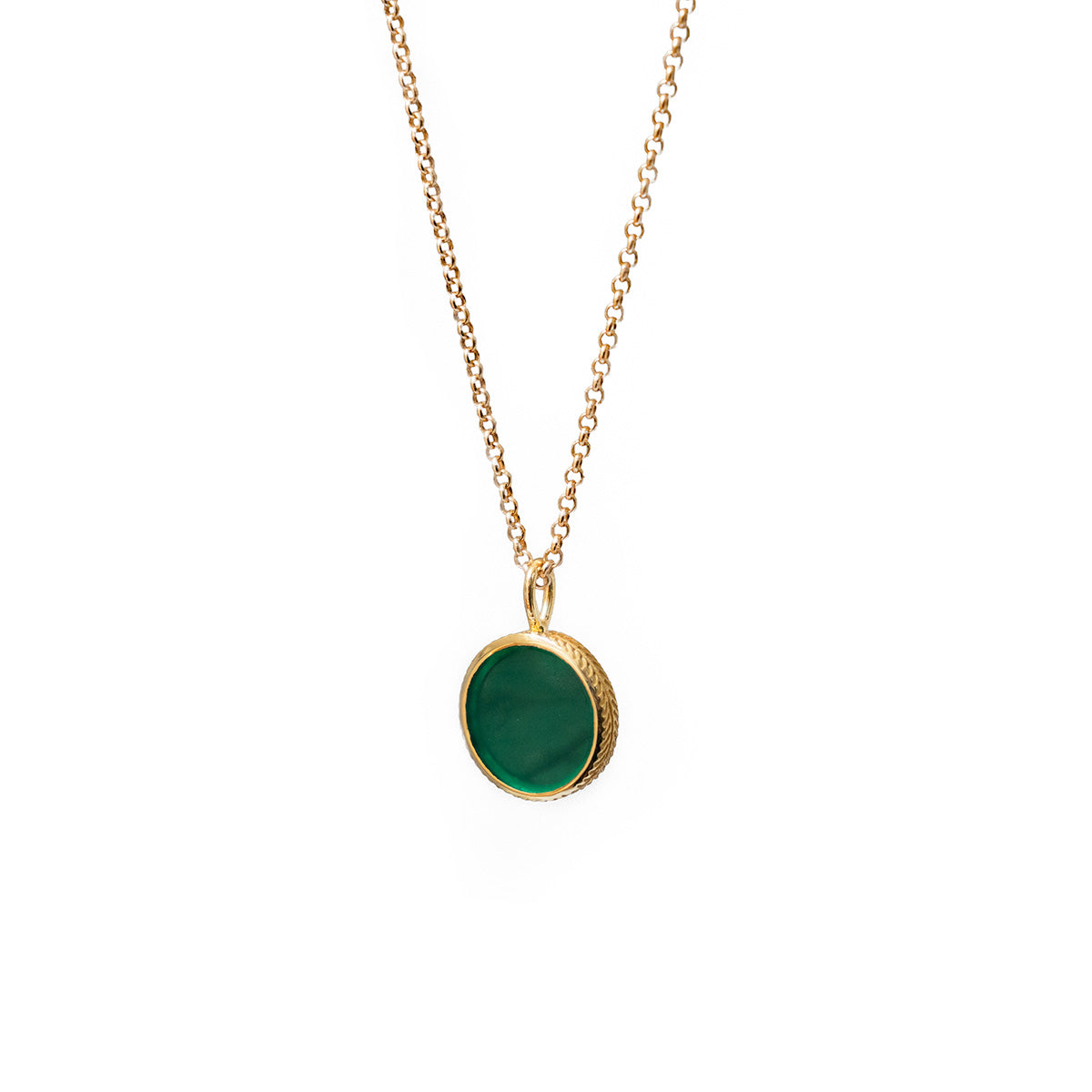 Double Sided Green Onyx and Labradorite Etched Bezel Pendant On Baby Belcher Chain
