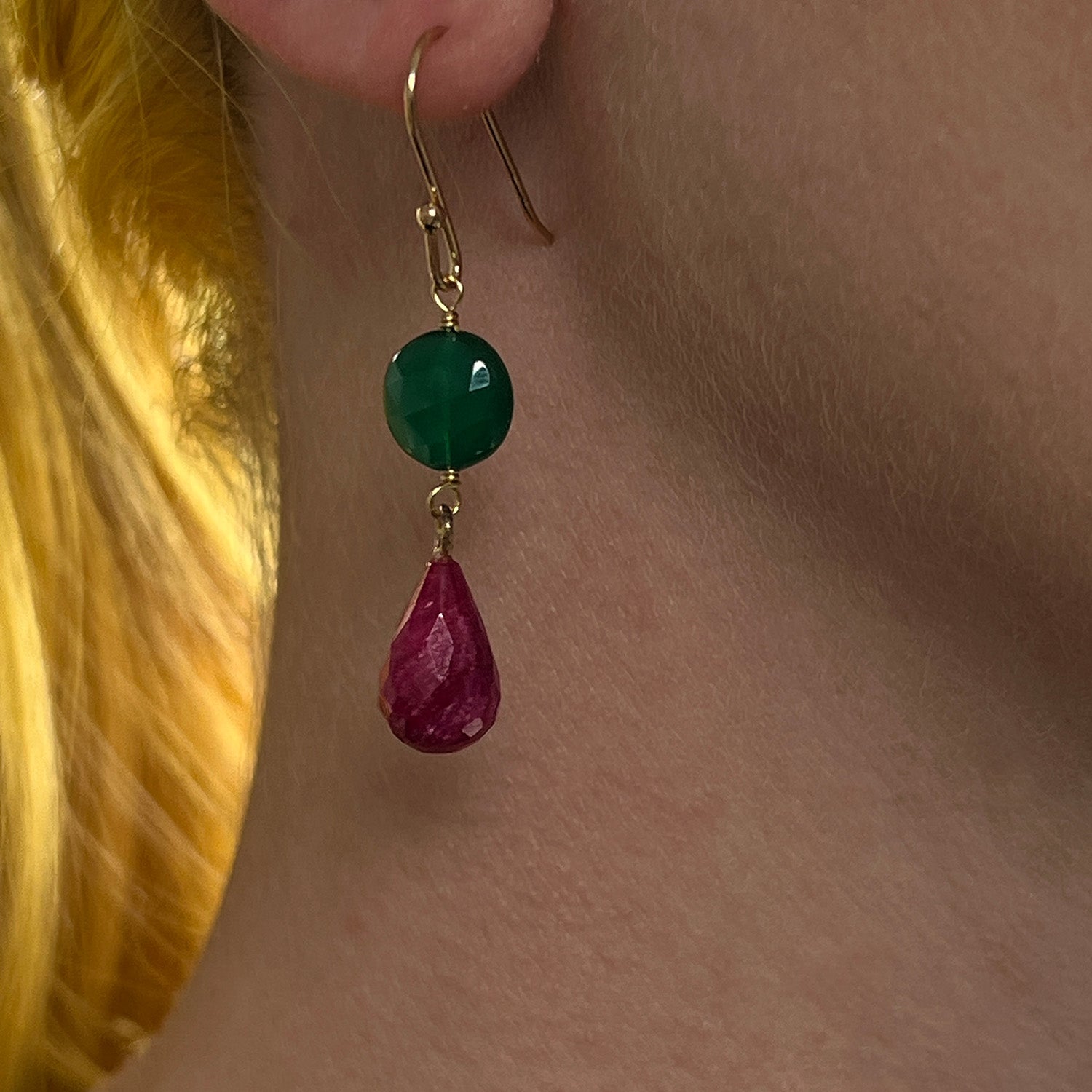 Limited Edition Green Onyx And Ruby Pear Earrings
