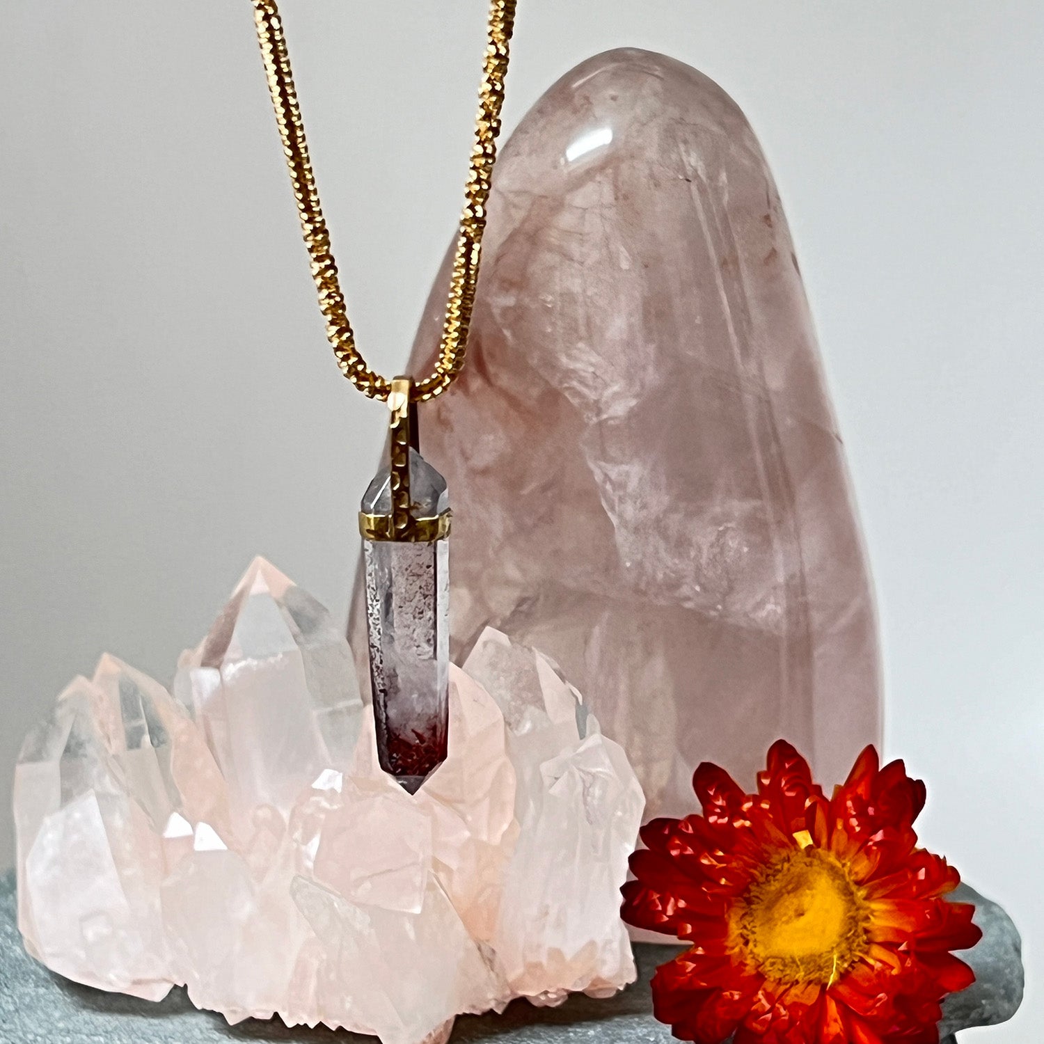 Double Point Harlequin Quartz On Long Chaton Chain