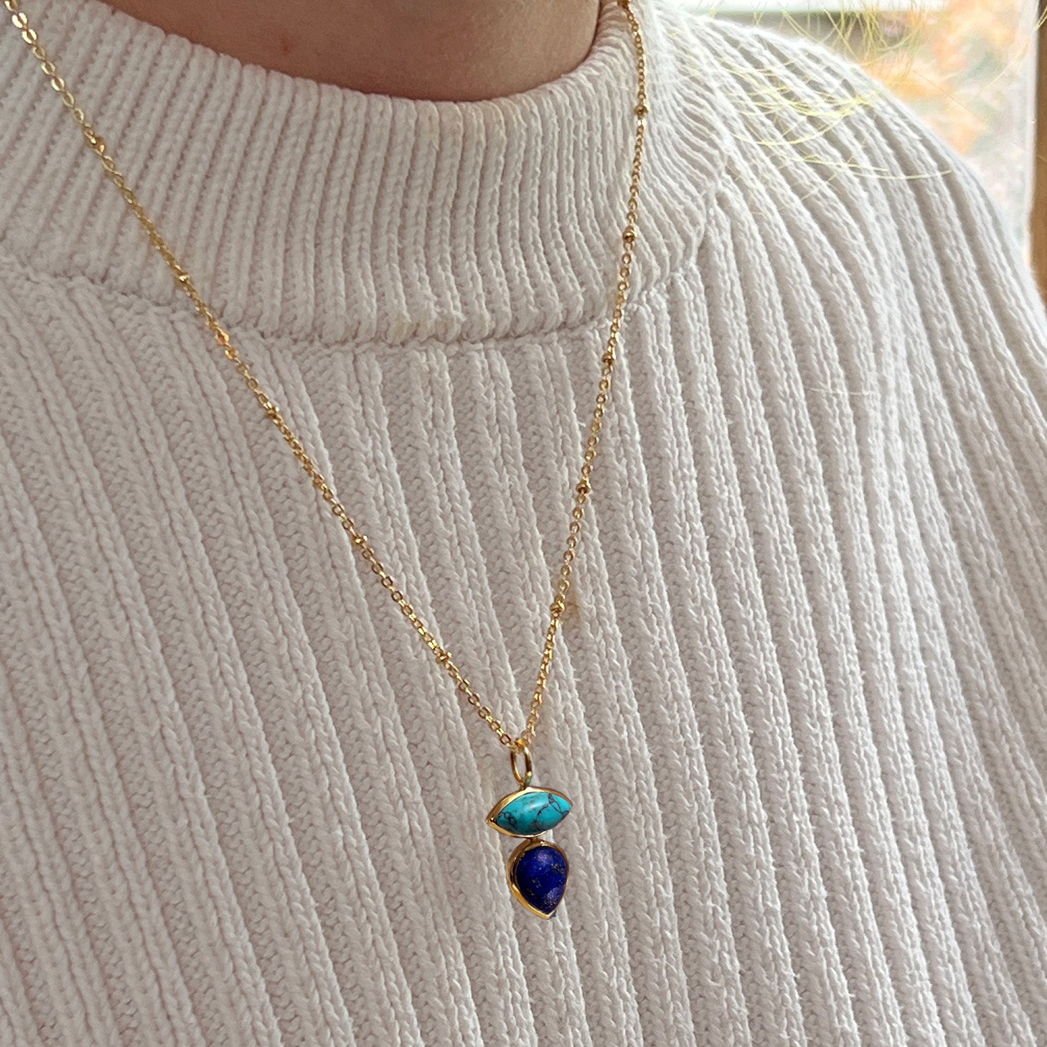 Indira Two Stone Turquoise And Lapis Pendant On Short Satellite Chain