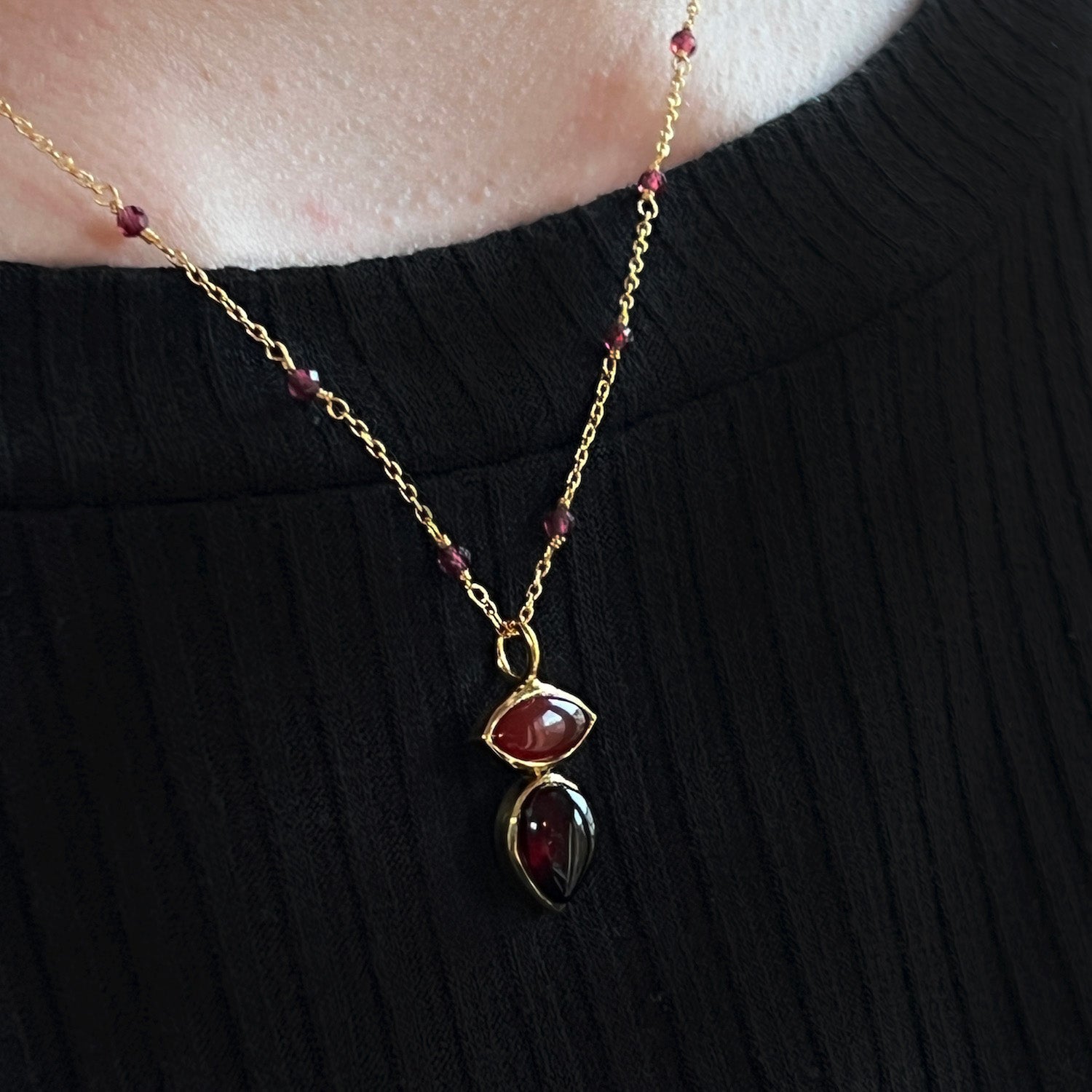 Indira Two Stone Red Onyx And Garnet Pendant Fancy Rosary or Satellite chain