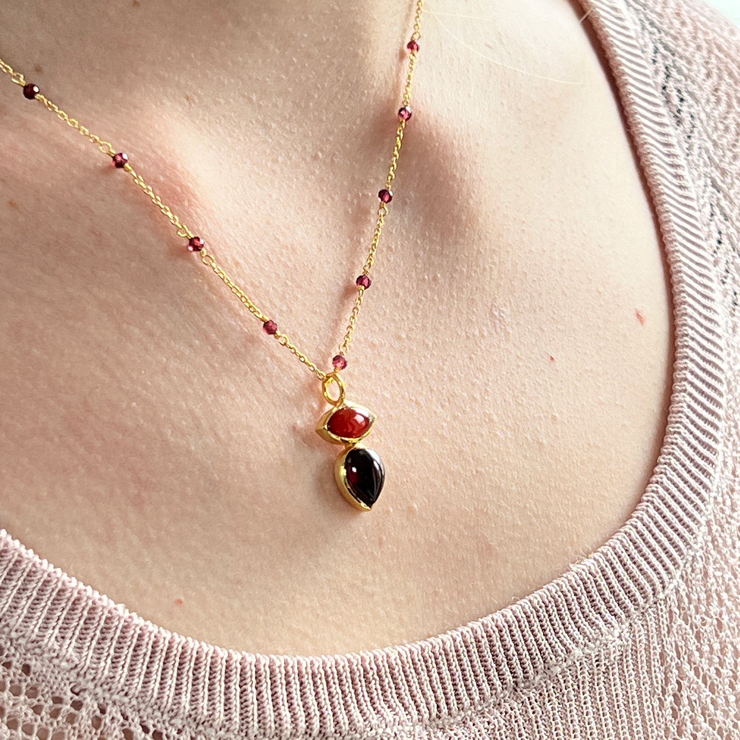 Indira Two Stone Red Onyx And Garnet Pendant Fancy Rosary or Satellite chain