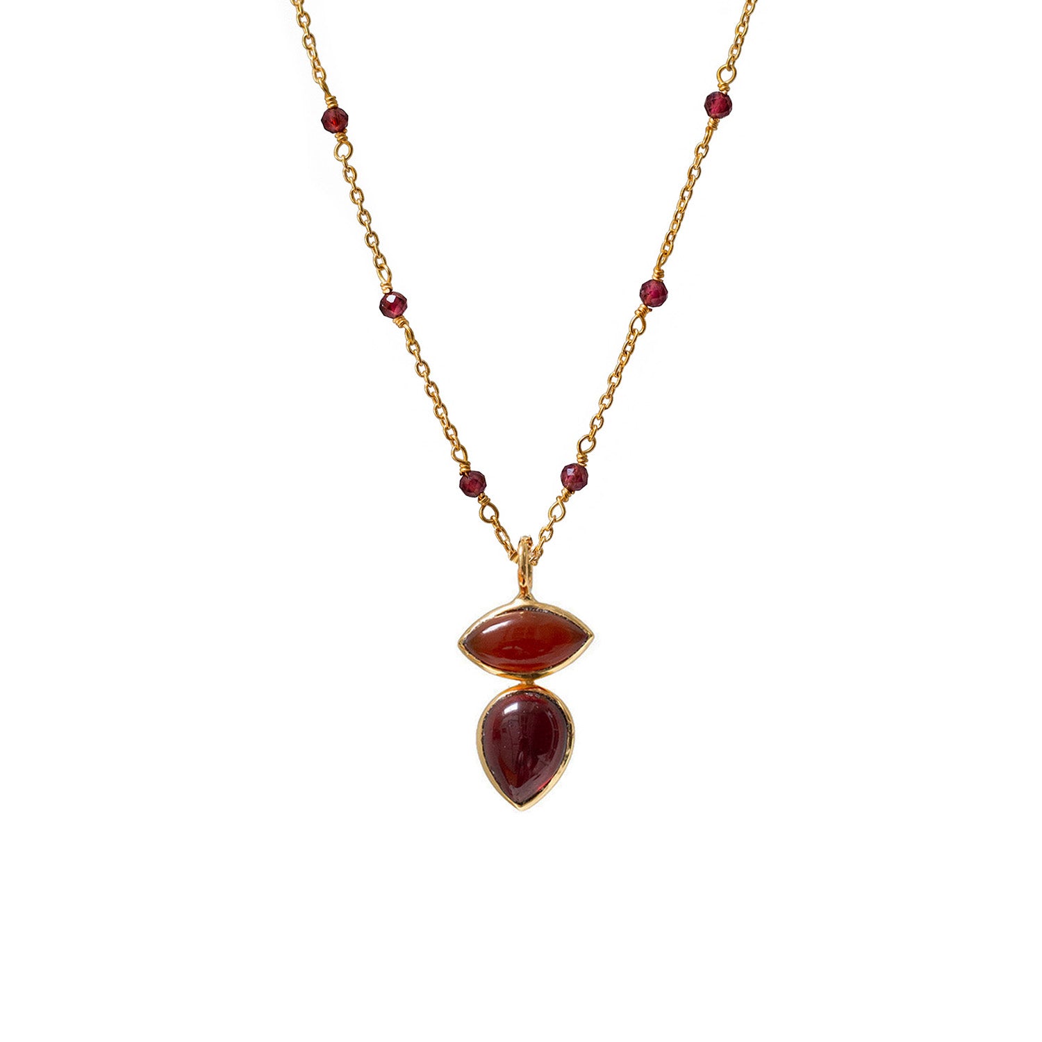 Indira Two Stone Red Onyx And Garnet Pendant Fancy Rosary or Satellite chain