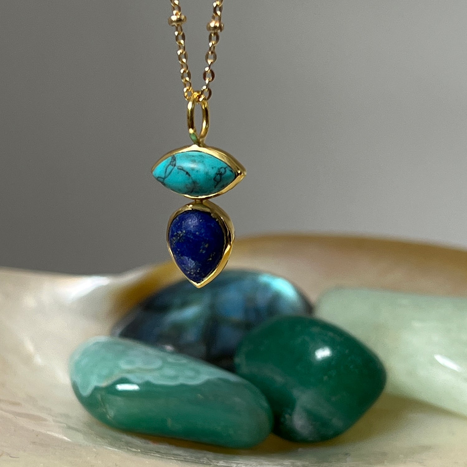 Indira Two Stone Turquoise And Lapis Pendant On Short Satellite Chain
