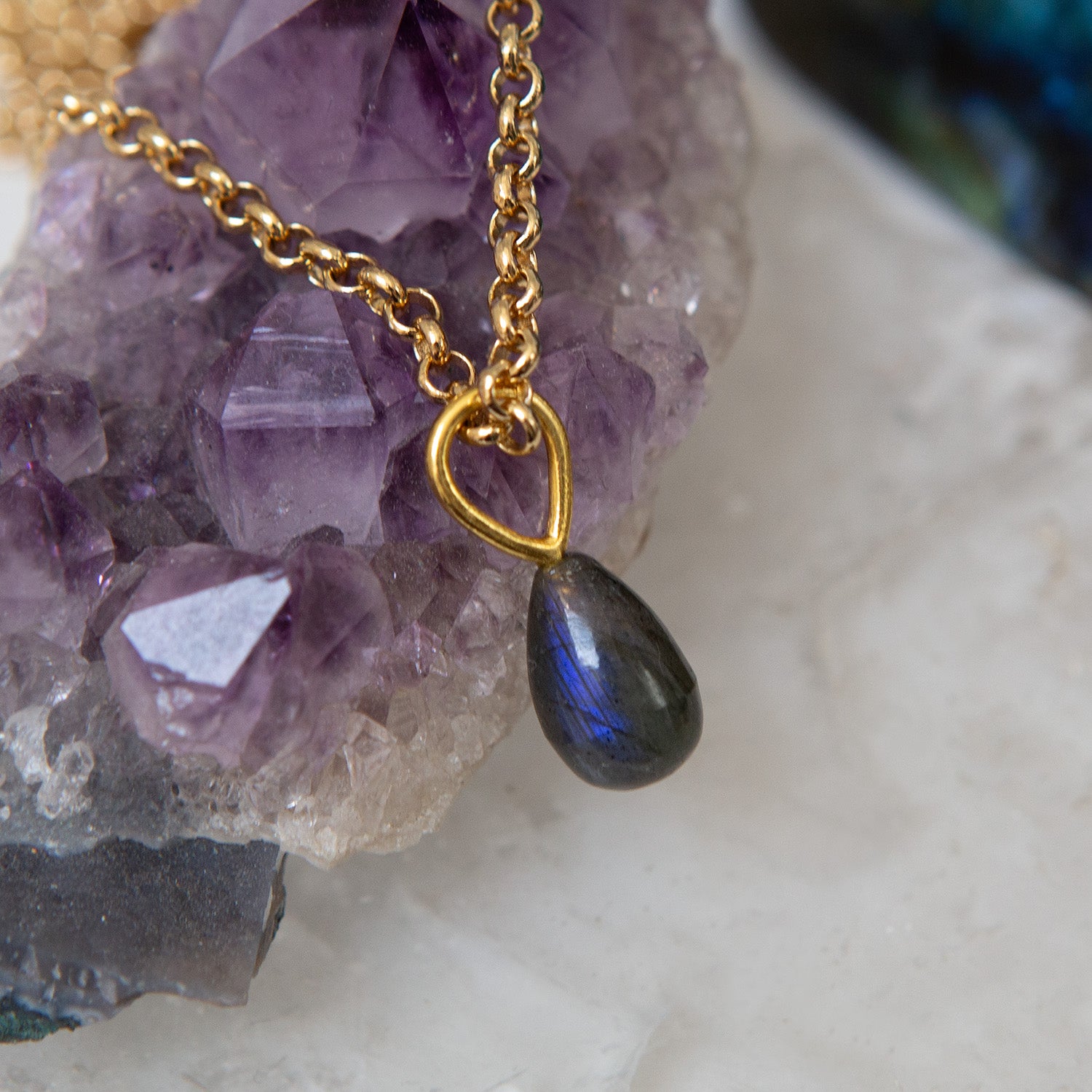 Labradorite Drop Pendant On Long Baby Belcher Chain