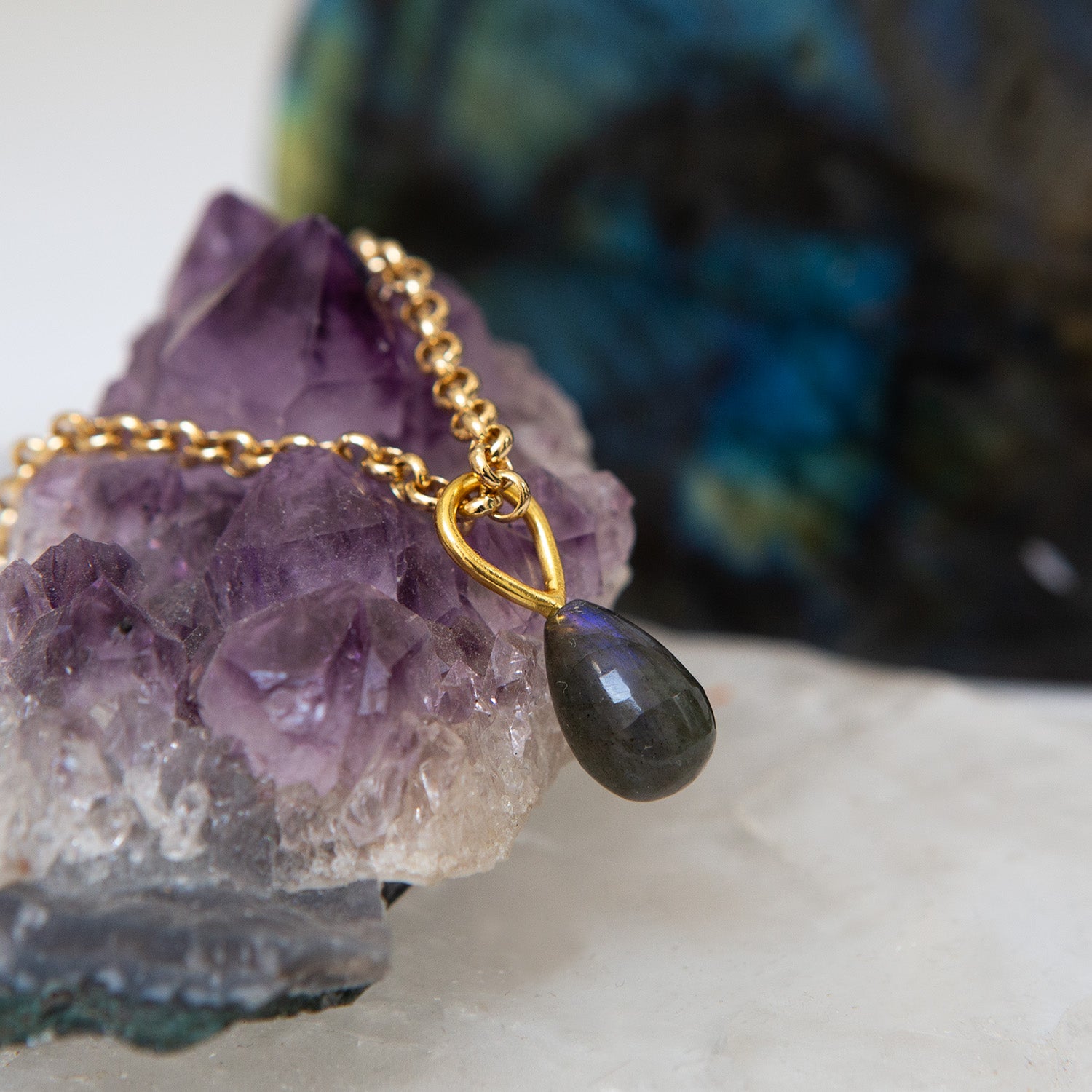 Labradorite Drop Pendant On Long Baby Belcher Chain