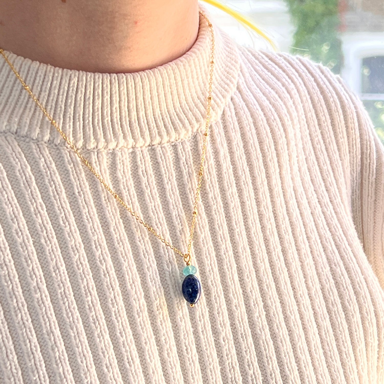 Lapis Lazuli And Apatite Pendant On Short Satellite Chain