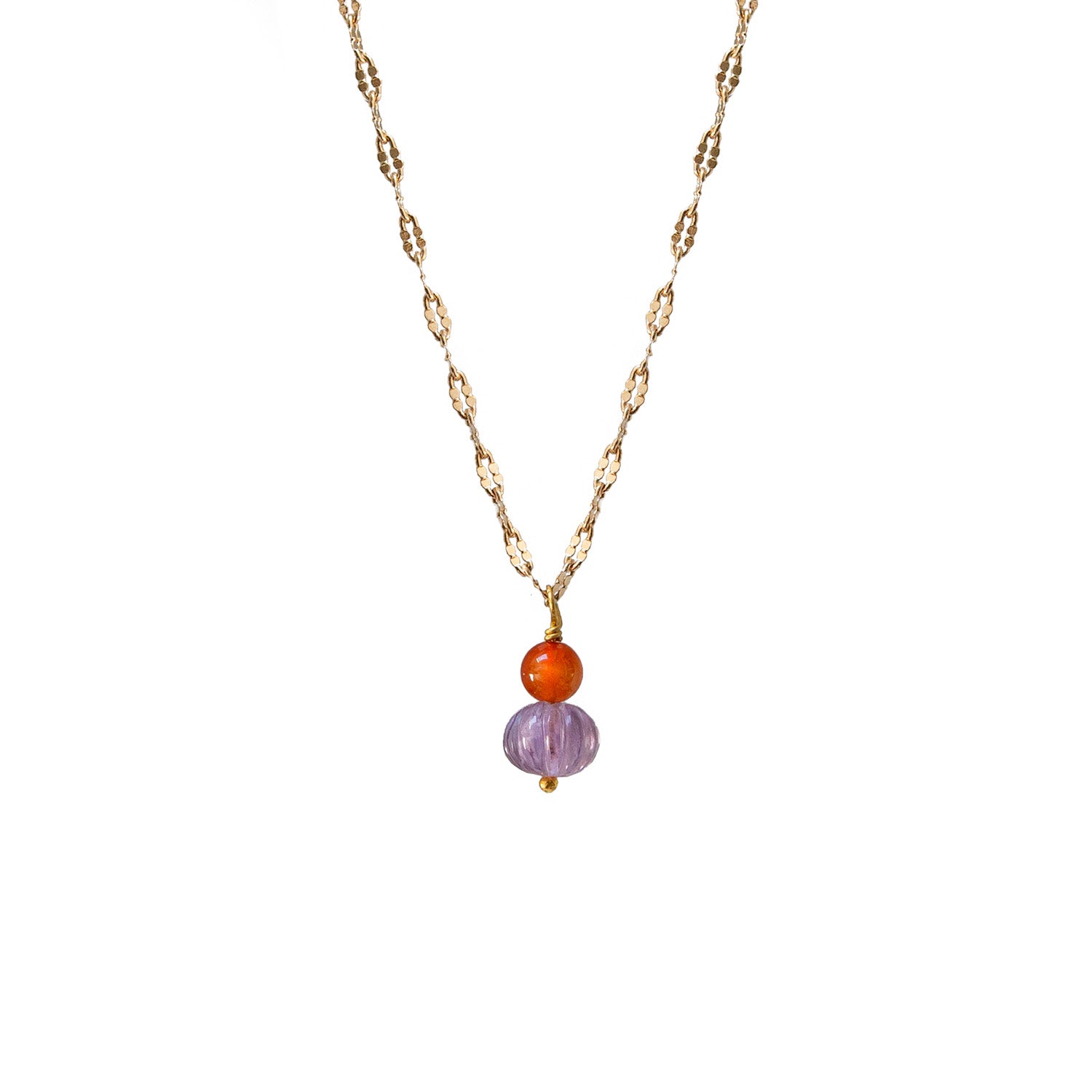 Carved Amethyst And Carnelian Pendant On Short Magali Chain