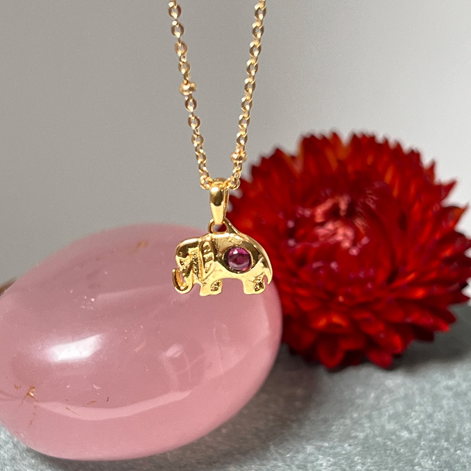 Lucky Elephant Charm With Garnet On Short Satellite Chain
