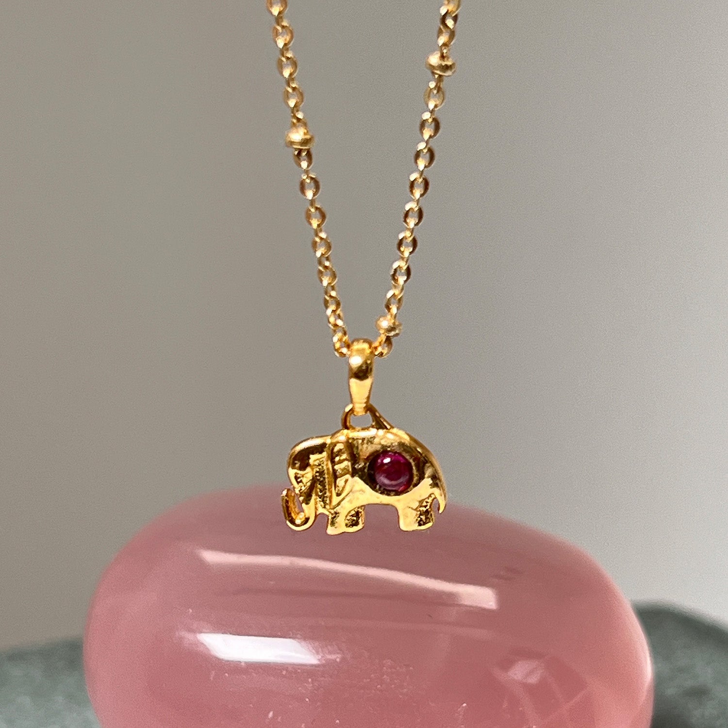 Lucky Elephant Charm With Garnet On Short Satellite Chain