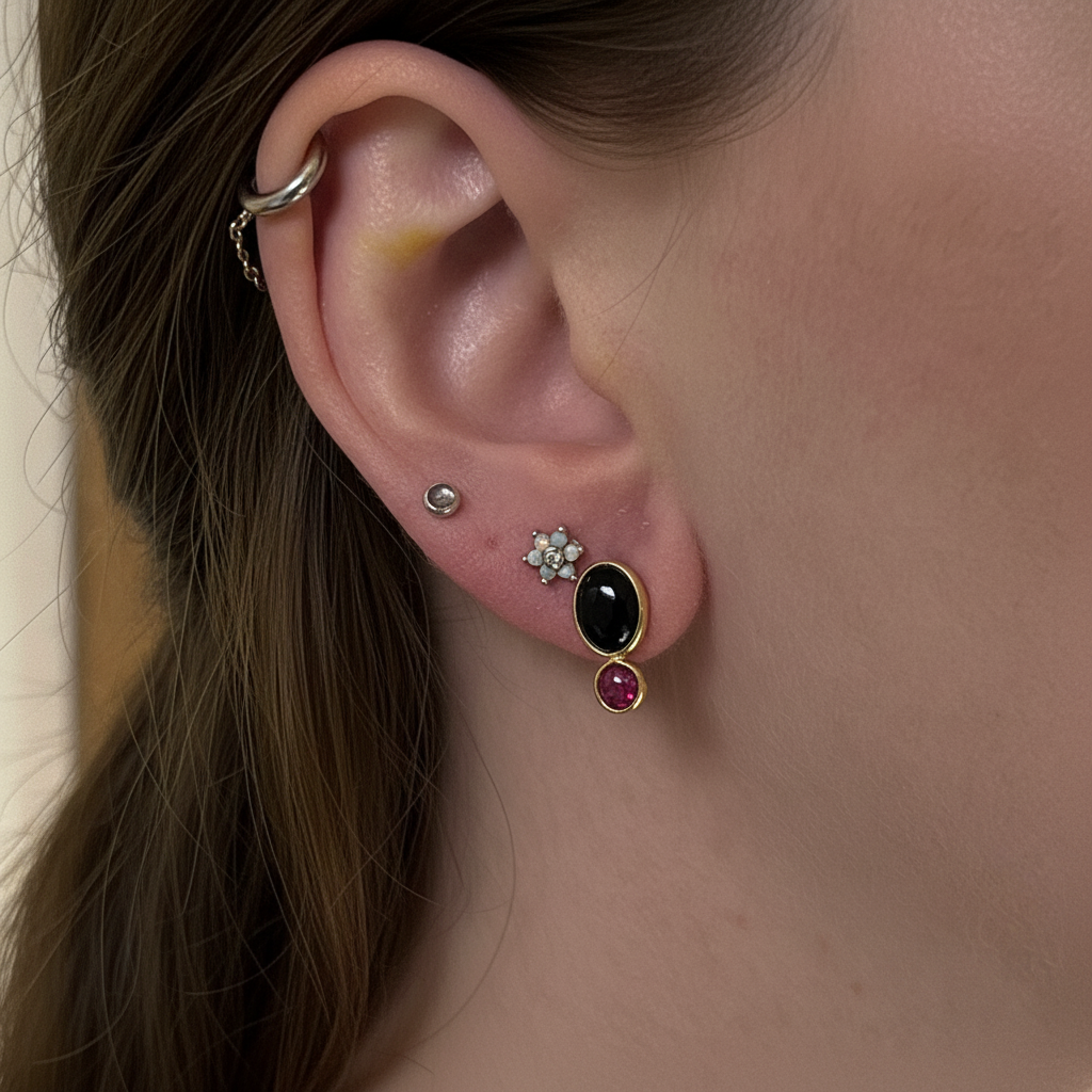 Manis Two Stone Black Onyx & Ruby Earrings