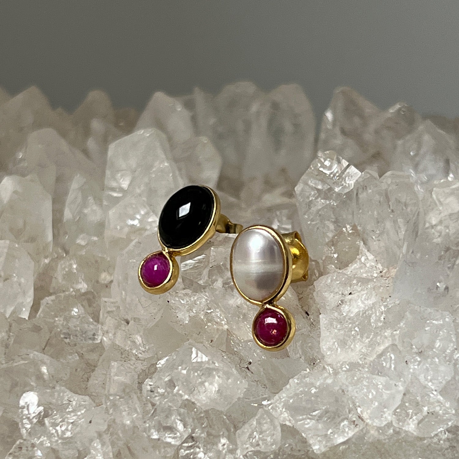 Manis Two Stone Black Onyx & Ruby Earrings