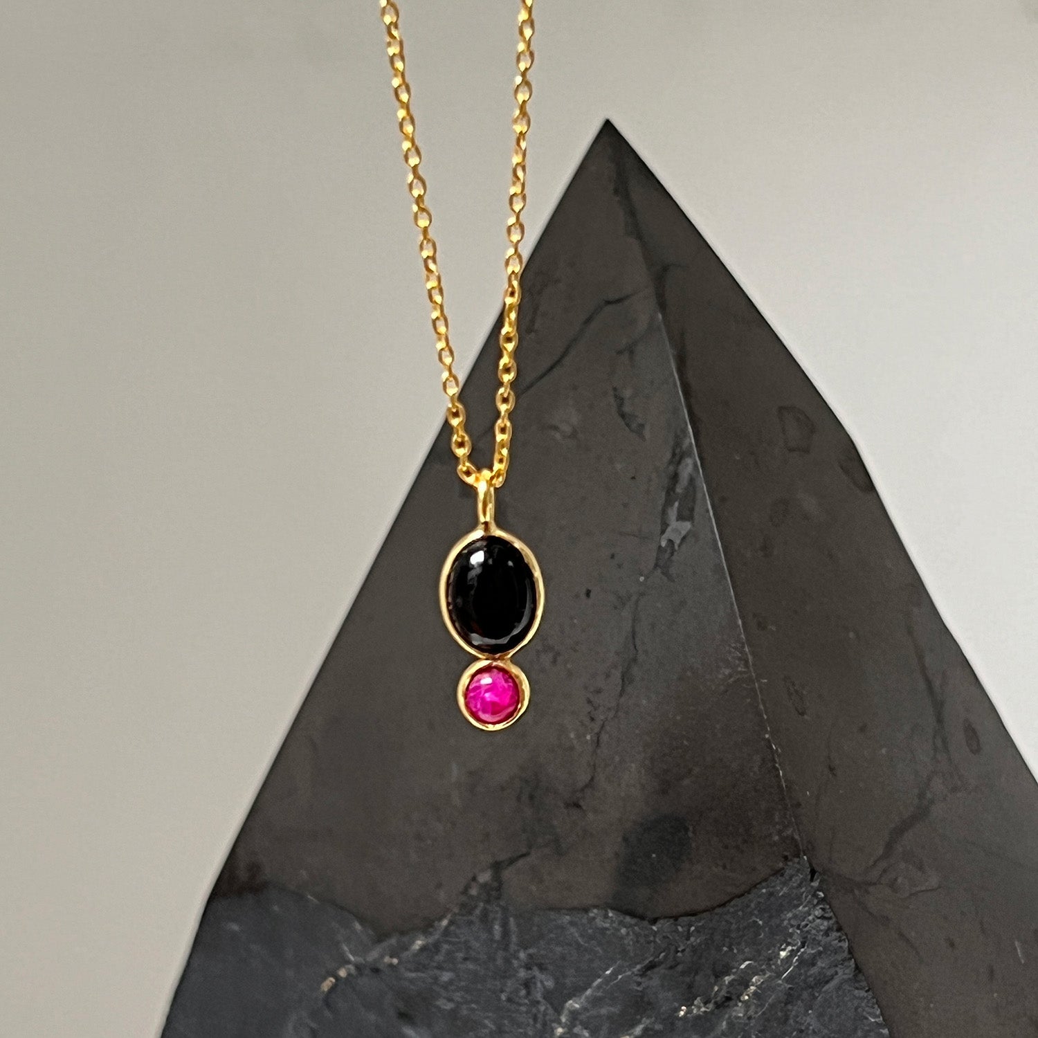 Manis Two Stone Black Onyx & Ruby Pendant On Short Simple Chain