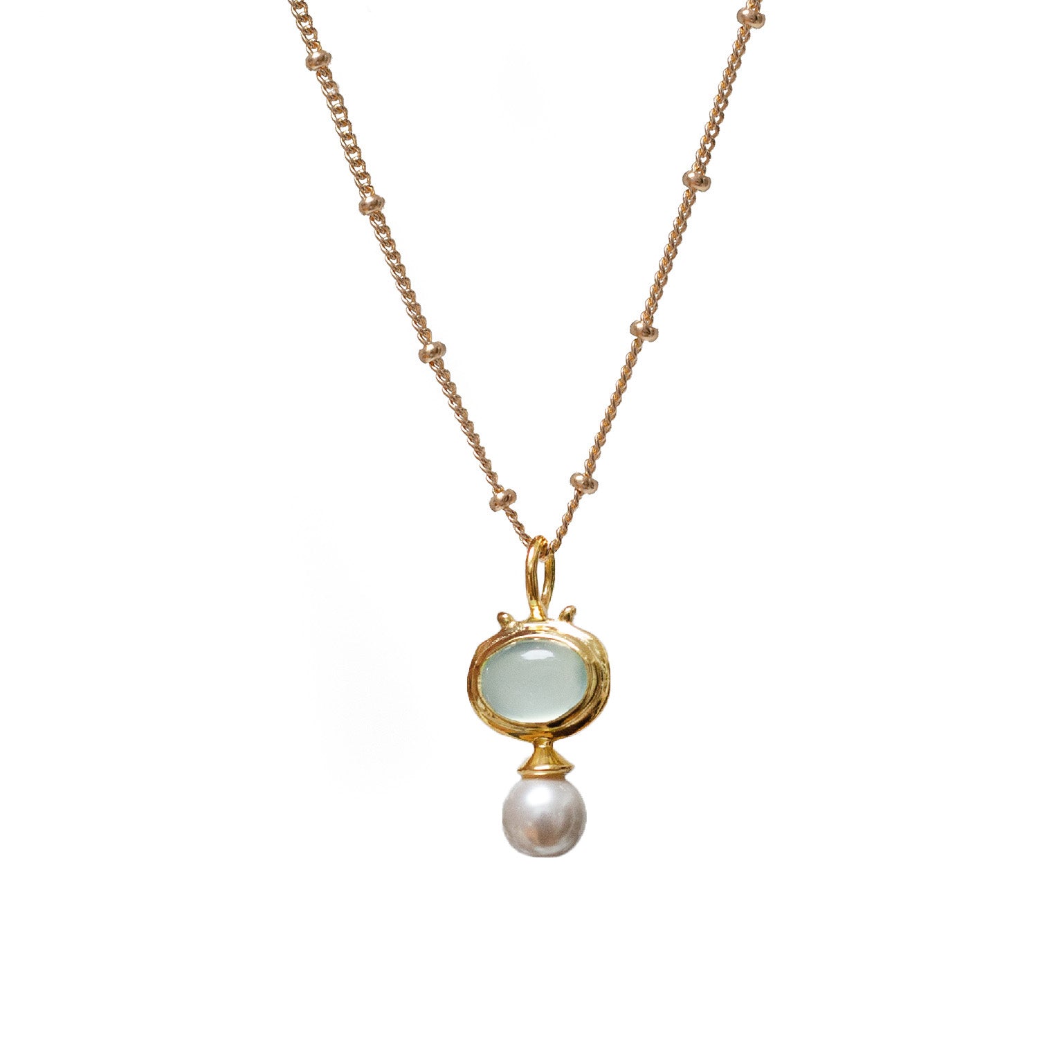 Aqua Chalcedony & Pearl Pendant on a Gold Plated Biba Chain against a white background