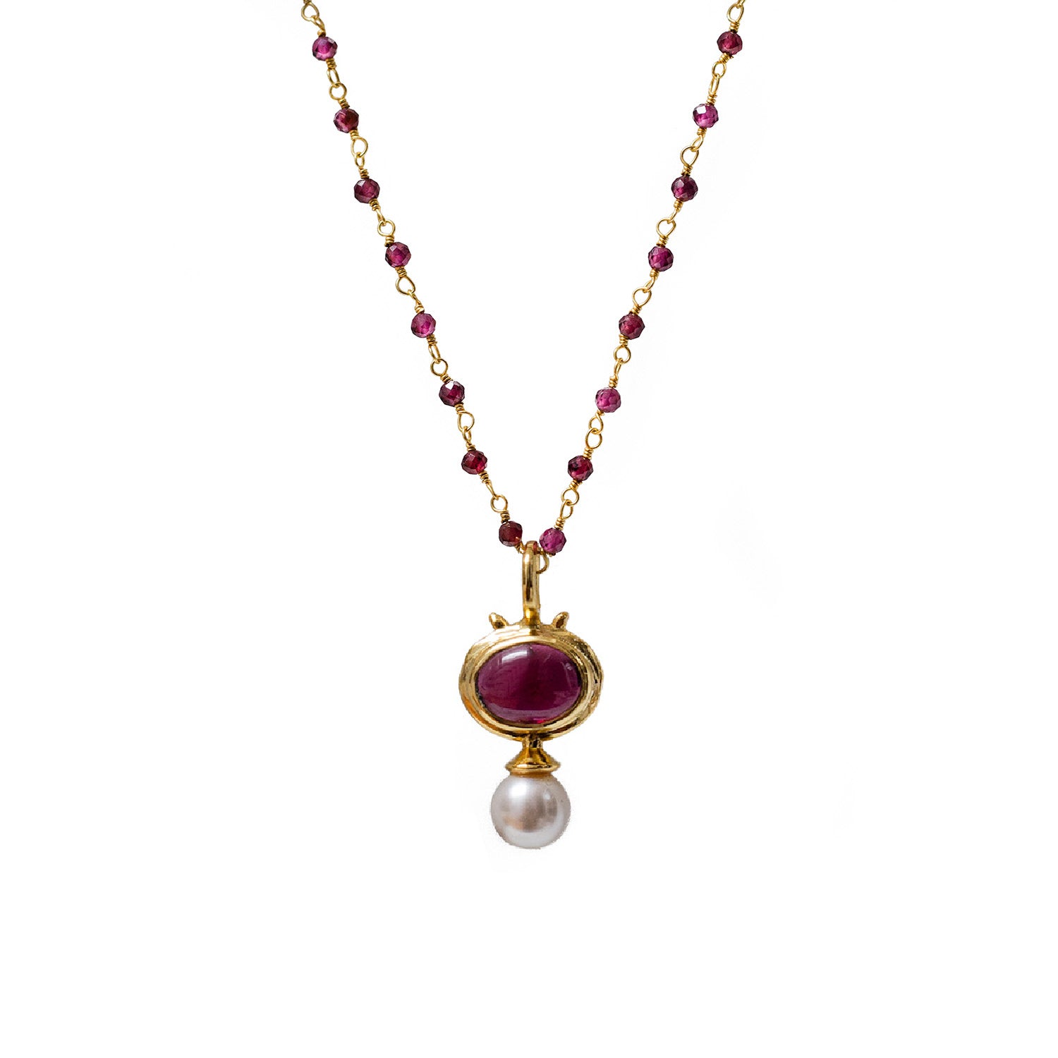 Margot Garnet and Pearl Pendant On Short Rosary Garnet