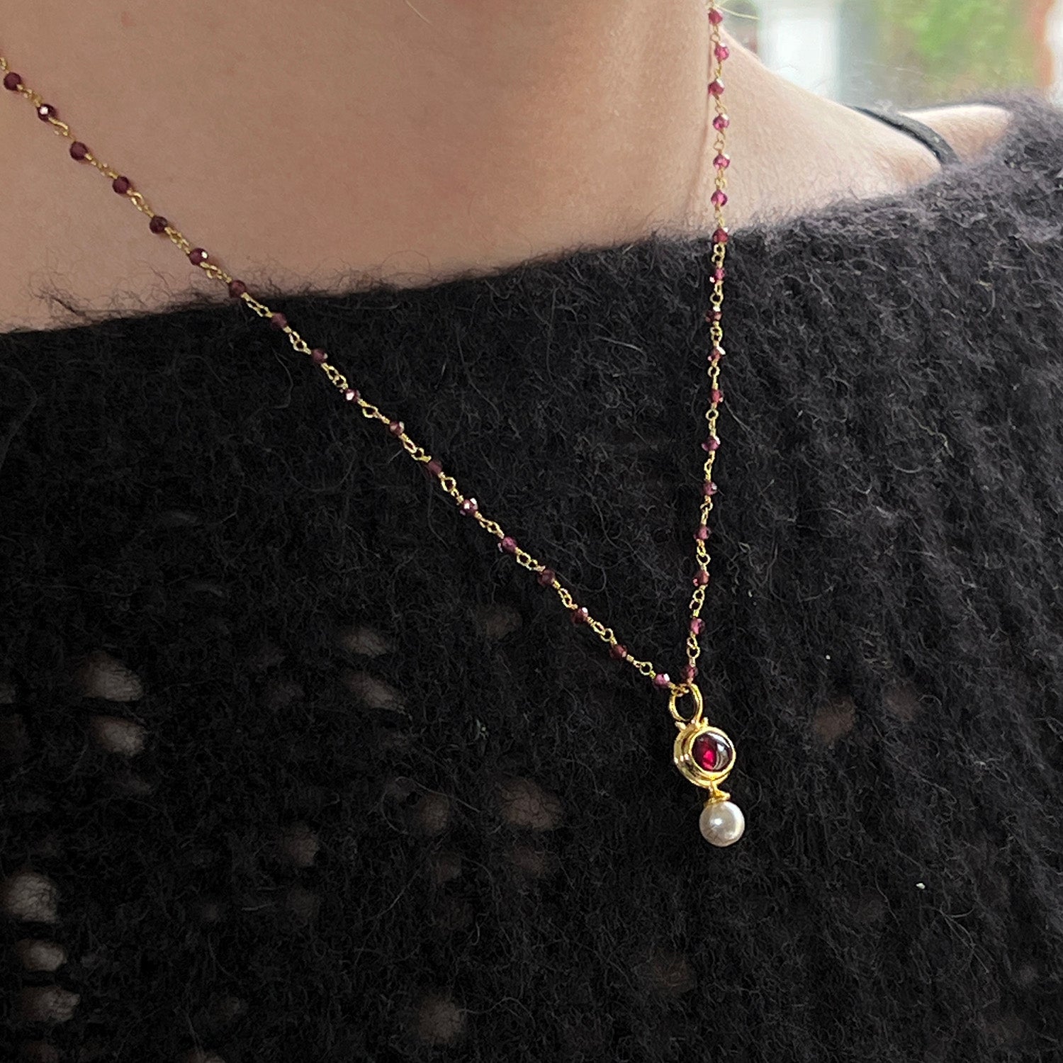 Margot Garnet and Pearl Pendant On Short Rosary Garnet