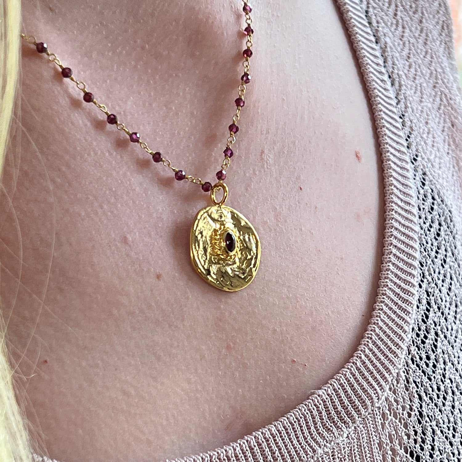 Athena Large round medal with garnet On Garnet rosary
