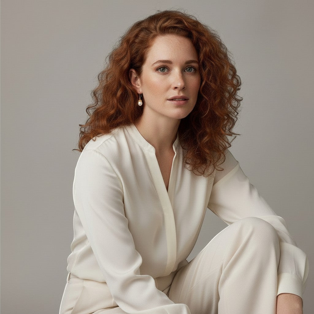 Mirabelle Jewellery Acorn freshwater pearl earrings with granulated cap, worn by a model with red curly hair.