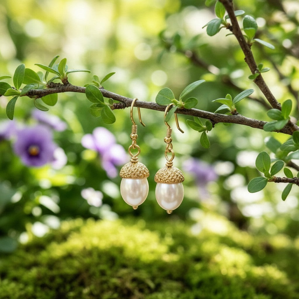 Mirabelle Jewellery acorn freshwater pearl earrings with granulated cap, set against moss and small flowers.