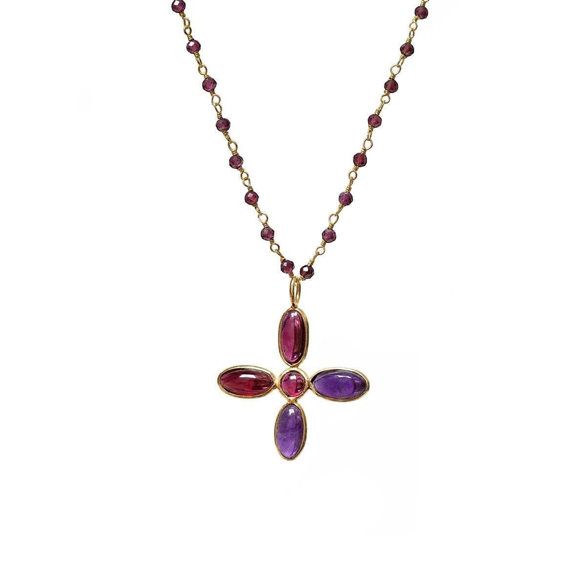 Mirabelle Jewellery large cross pendant necklace with amethyst and garnet stones on a gold-plated brass rosary chain.
