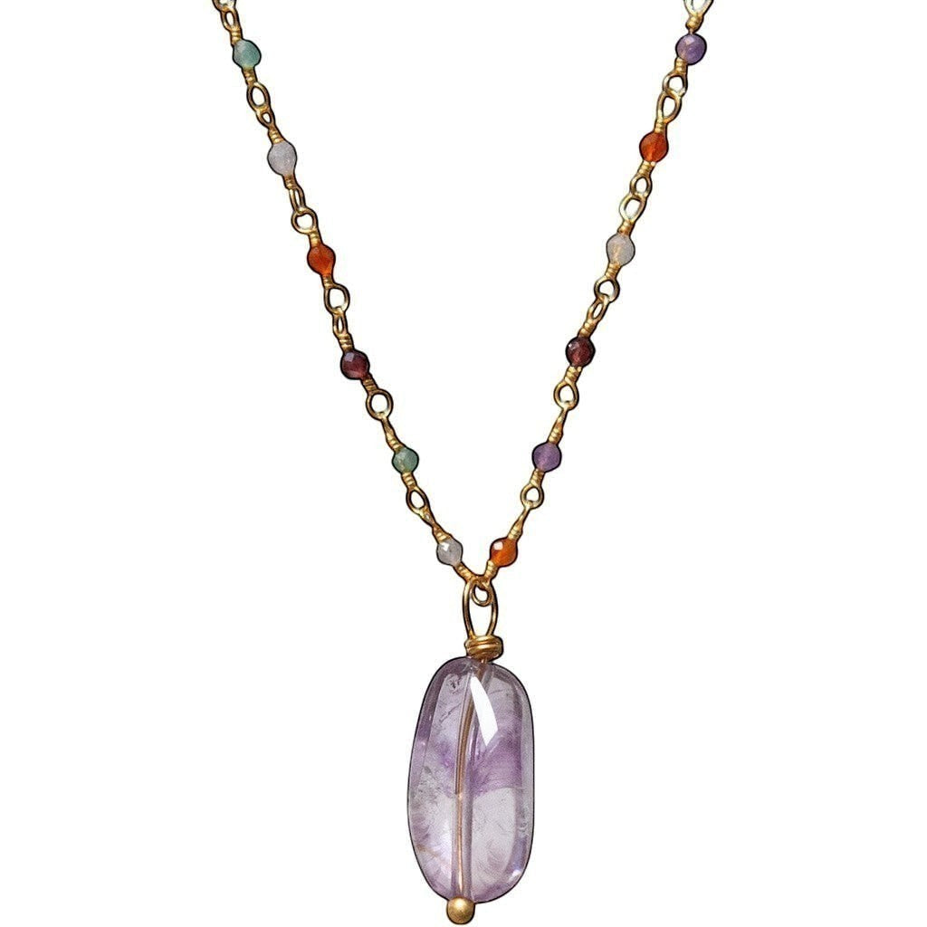 Mirabelle Jewellery smooth amethyst drop necklace with multi-coloured gemstone chain, 22ct gold plated brass, 42cm length.