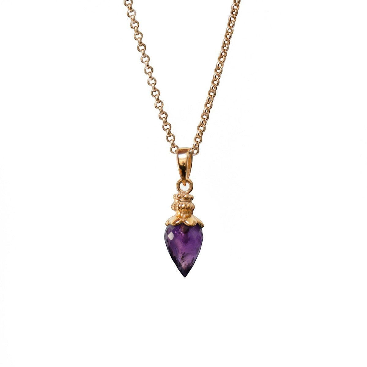 Mirabelle Jewellery 22ct gold plated brass necklace with a faceted amethyst pendulum pendant on a short baby belcher chain.