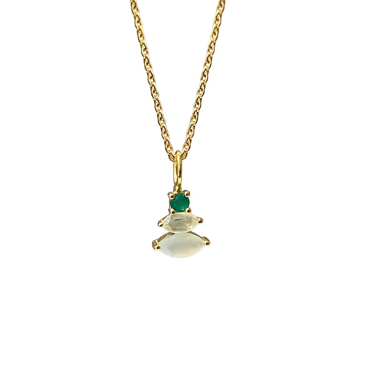 Mirabelle Jewellery gold plated brass necklace with stacked marquise-cut aqua chalcedony and green onyx gemstones.