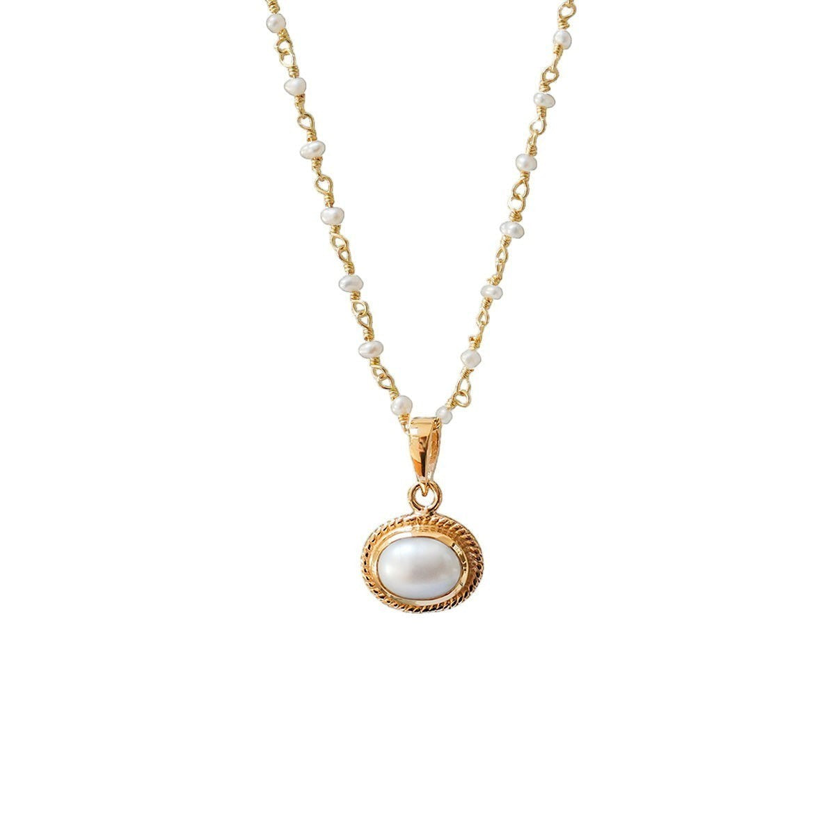 Mirabelle Jewellery Athena freshwater pearl pendant on a delicate gold plated brass rosary chain with small pearls.
