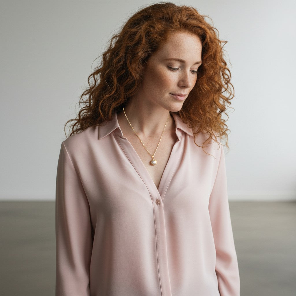 Mirabelle Jewellery Athena freshwater pearl pendant on a gold plated brass rosary chain worn by a redheaded woman.