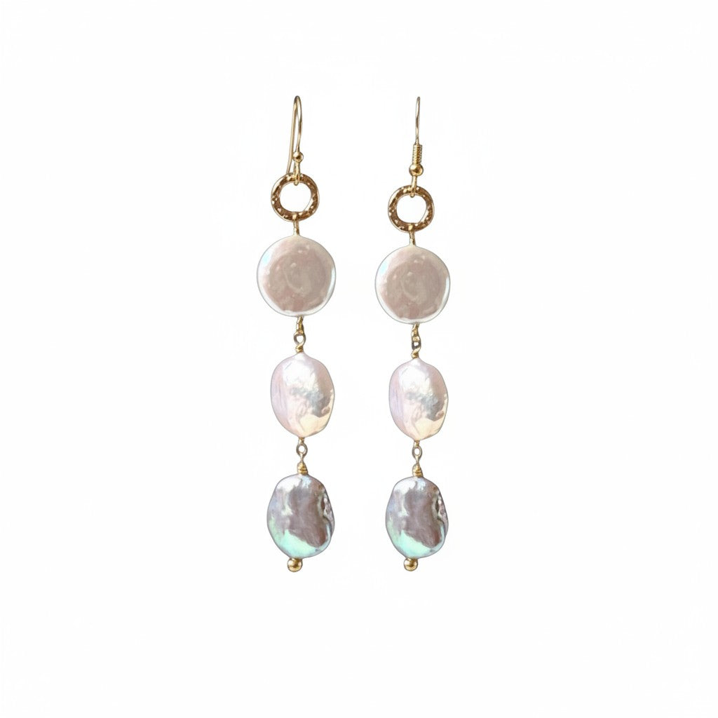 Mirabelle Jewellery Gita Coin 3 Baroque pearl Earrings with gold hoops and three pearls in graduating sizes.