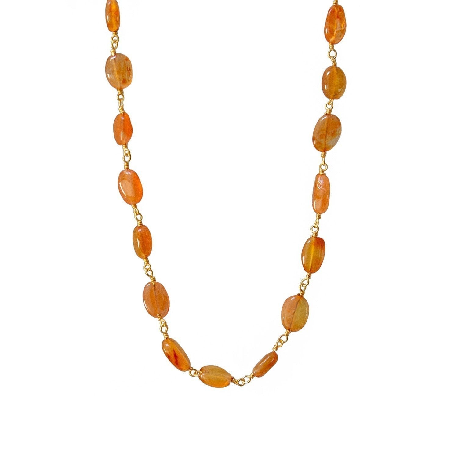 Mirabelle Jewellery Rosary necklace featuring orange carnelian pebble stones on a 22ct gold plated brass chain.