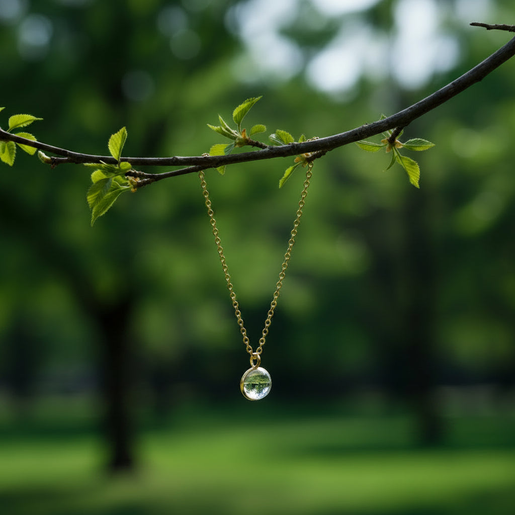 Mirabelle Jewellery clear quartz crystal ball pendant on a simple 22ct gold-plated brass chain.