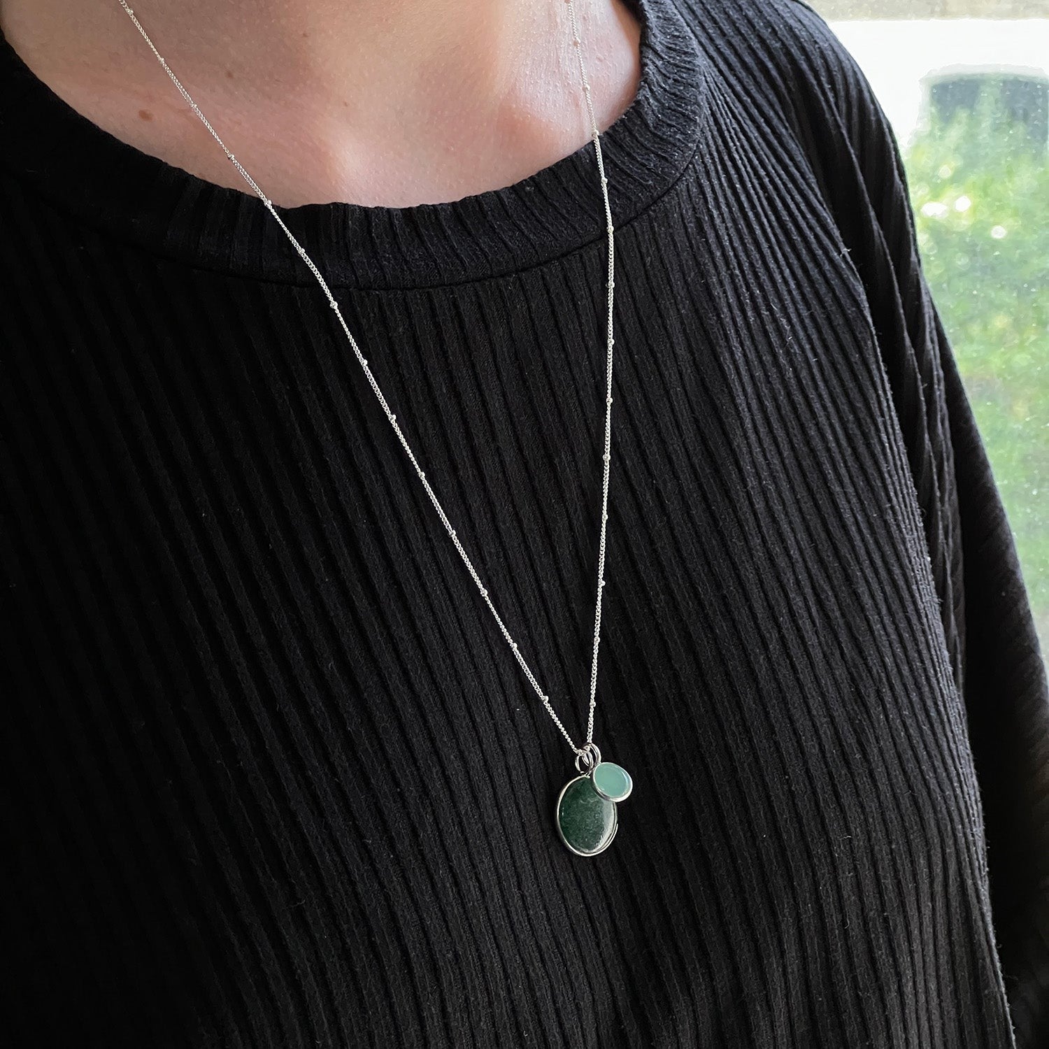 Mirabelle Jewellery Duo Jade And Aqua Chalcedony Pendant on a 60cm sterling silver satellite chain.